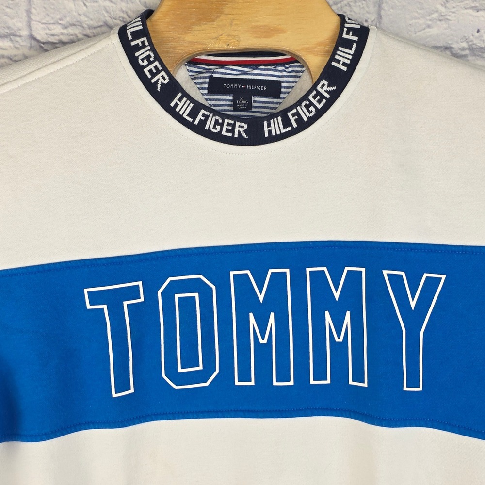 Tommy Hilfiger Sweatshirt White Men Colorblock Logo Graphic Long Sleeve Sz XL